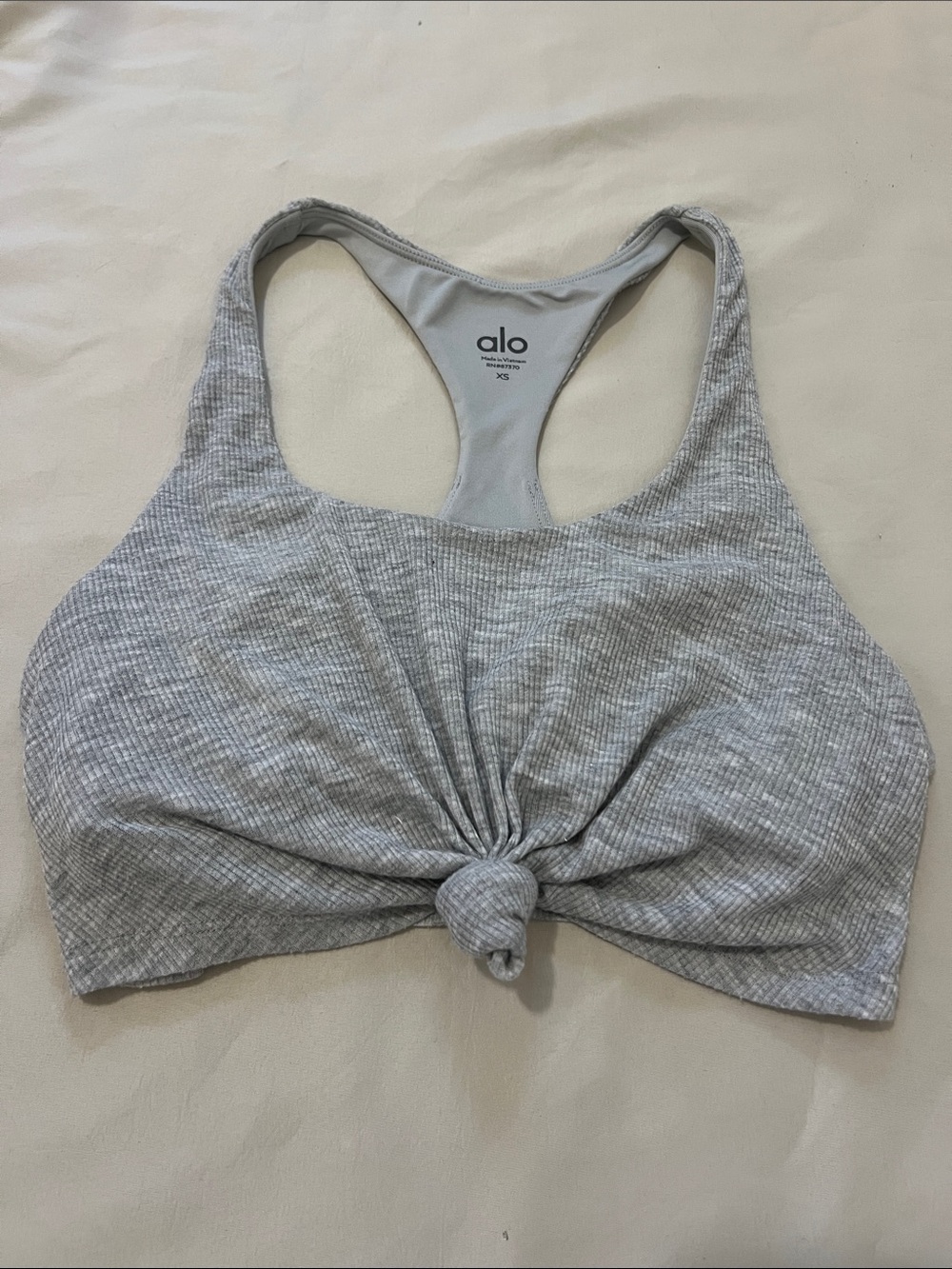 ALO Yoga Light Gray Ribbed Knot-Front Racerback Sports Bra